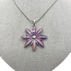 Vintage Purple Glitter Daisy Pendant Silver Tone Chain Necklace